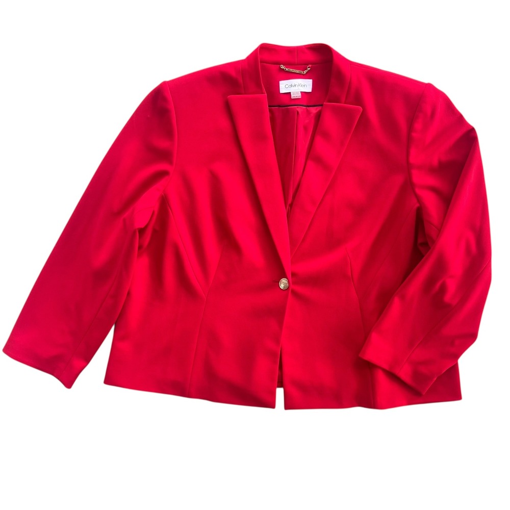Calvin Klein Women's 24W Plus Bright Red Gold Button Front Blazer Preppy Holiday